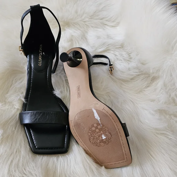 Vince Camuto Black Leather Ankle-Strap Kitten Heel Sandals - Picture 9 of 10